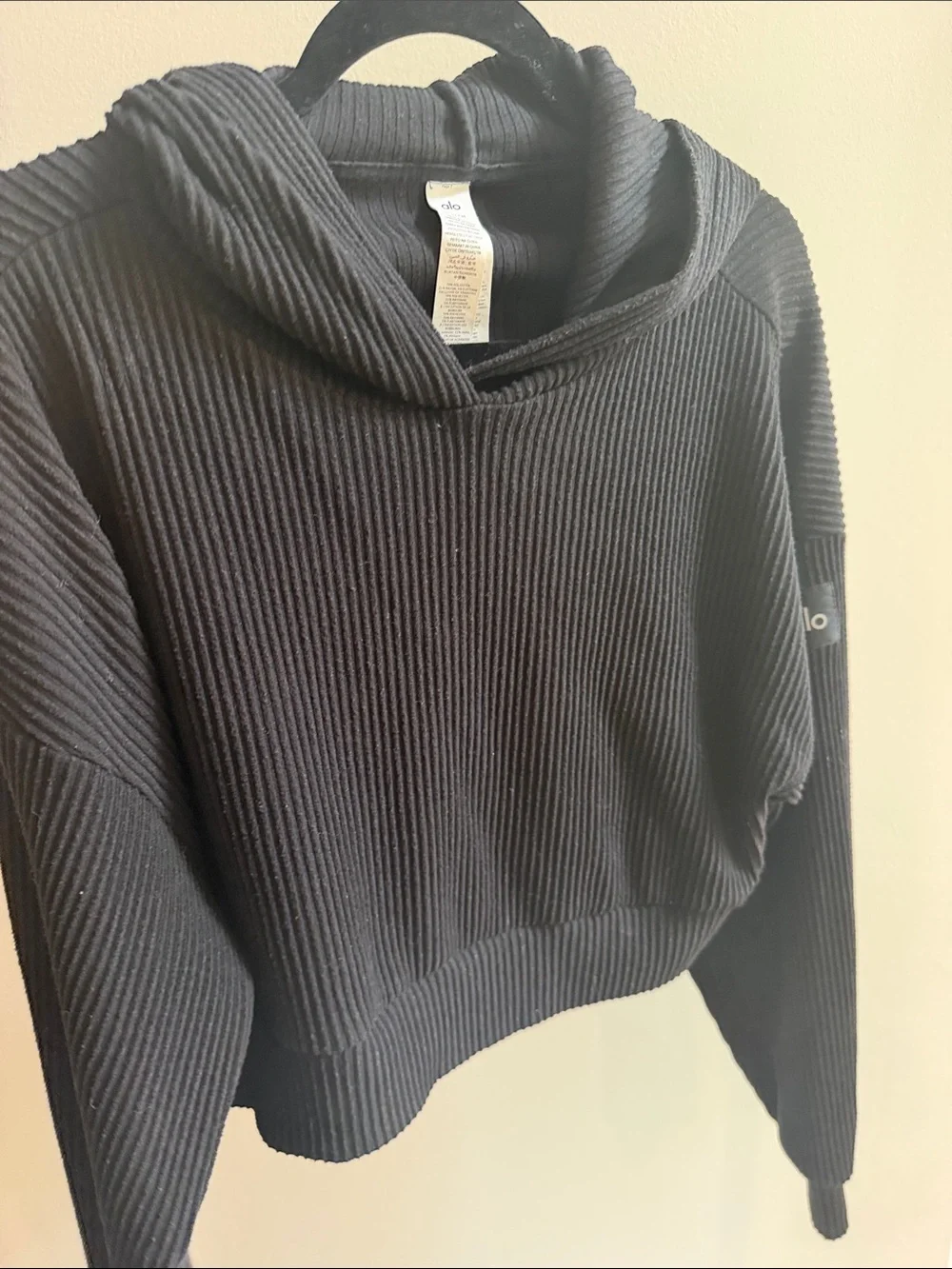 ALO Yoga Black Ribbed Cowl-Neck Cropped Sweater